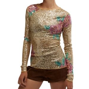 Free People Gold Rush Sequin Ribbed Top Champagne Gold Pink Combo Small NWT